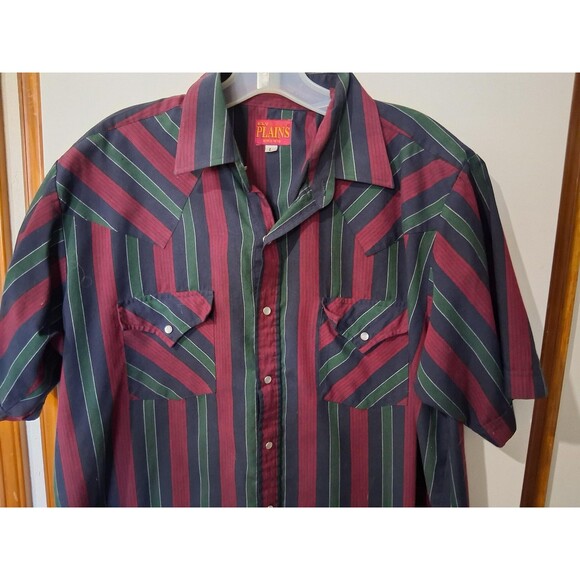 Ely Plains Shirt Mens Large Green Striped Western Pearl Snap Short Sleeve Casual - Picture 1 of 5